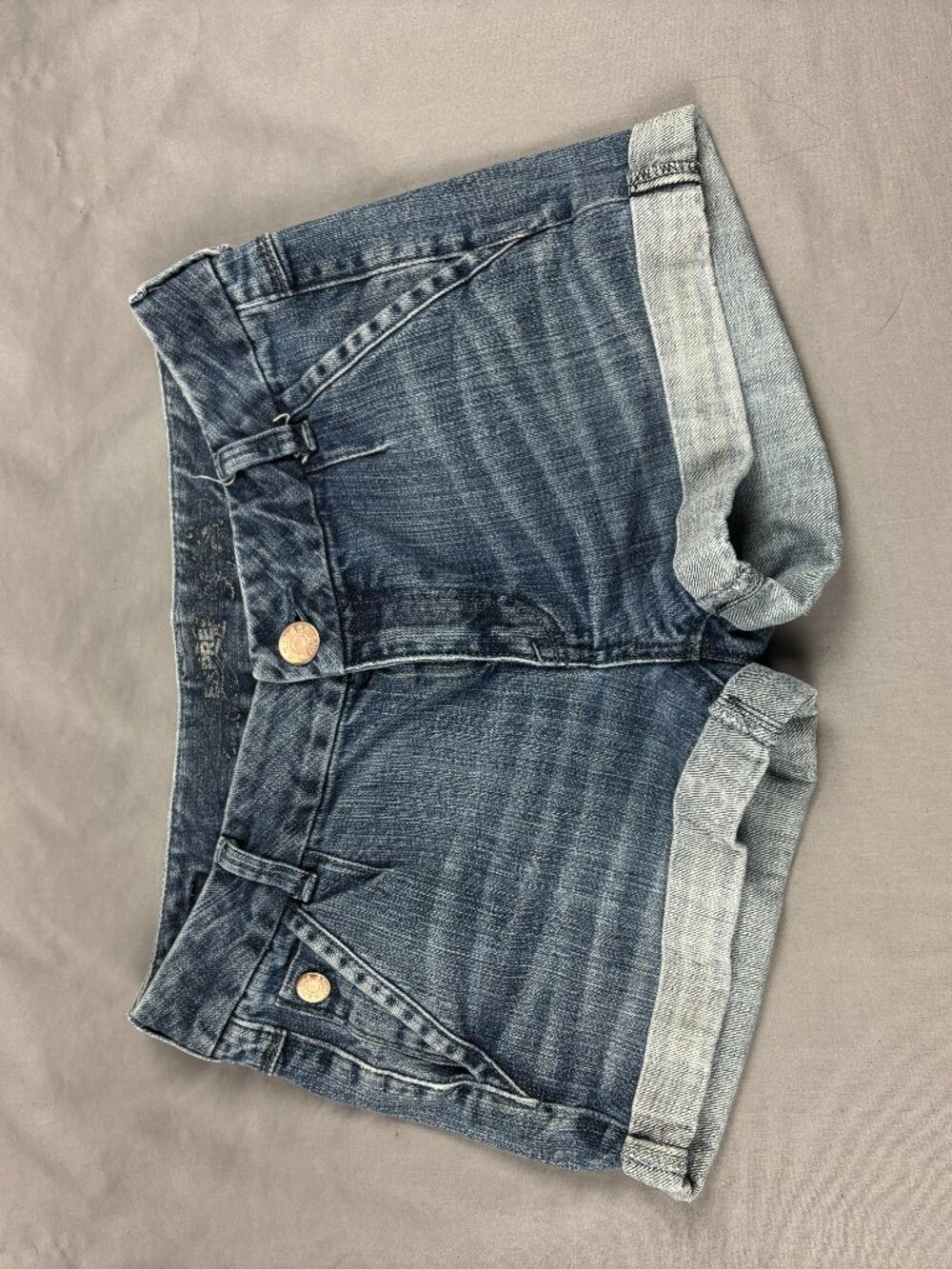 Express Womens Size 4 Denim Shorts Cuffed Low Rise Blue Jean Y2K Embroidered